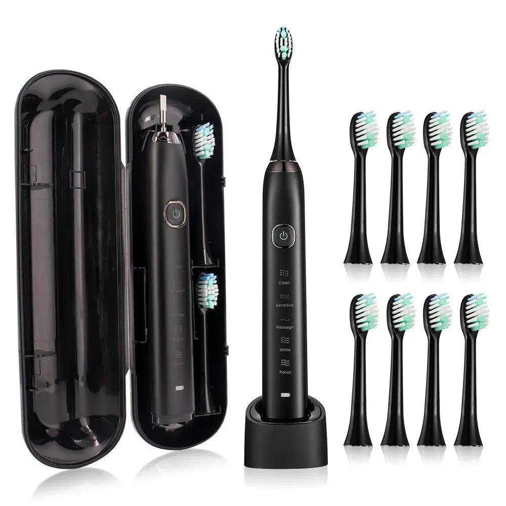 Sonic Ultrasonic Electric Toothbrush Rechargeable USB Type-C, 8 Replacement Brush Heads, Waterproof, Whitening, 5 Modes