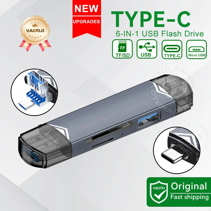 6-in-1 USB-C OTG Card Reader & USB 3.0 Flash Drive Adapter — SD / TF / MicroSD for Phone, Tablet, Laptop