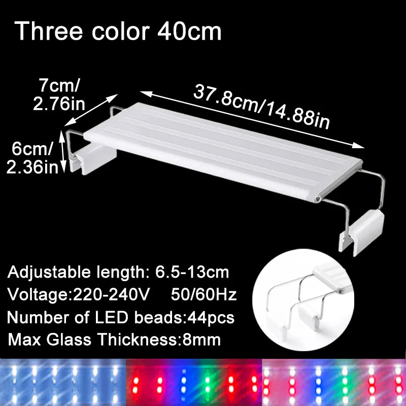 Adjustable 3-Color LED Aquarium Light – Clip-On Telescopic Plant Grow Lamp for 18–75 cm (7–29.5 in) Tanks