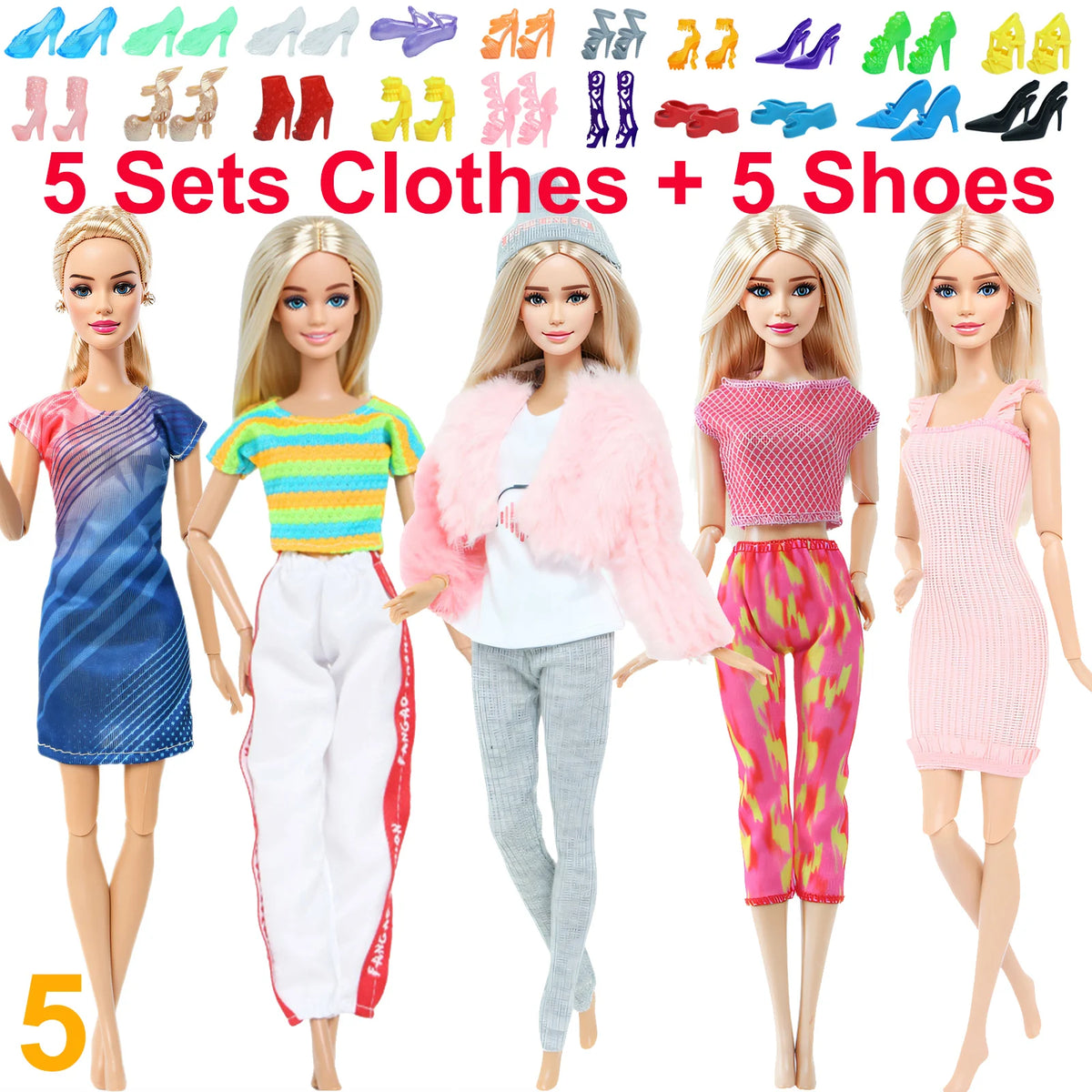 10-Piece 1/6 Scale Doll Clothes Set for 11.5–12 in (30 cm) Dolls — Dresses, Shirts, Pants & Shoes