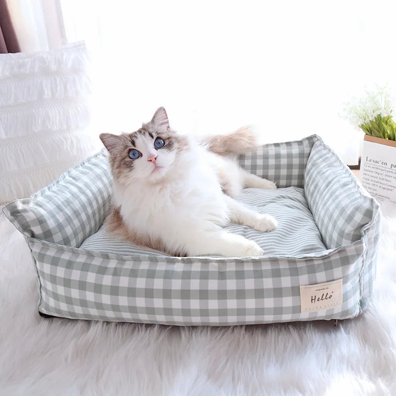 Striped Cotton Pet Bed Sofa for Cats & Small Dogs — Indoor Puppy Kennel (S/M) 50x40x20cm & 60x50x20cm (19.6x15.7x7.8 in & 23.6x19.6x7.8 in)