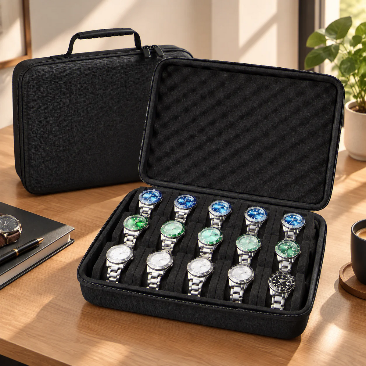 15-Slot Pressure-Proof Watch Storage Case — Portable Travel Watch Box Organizer for Home & Office