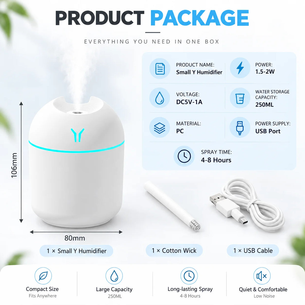 250ml Mini USB Humidifier Aromatherapy Diffuser - Cool Mist, RGB LED Night Light, Quiet for Home Car Office