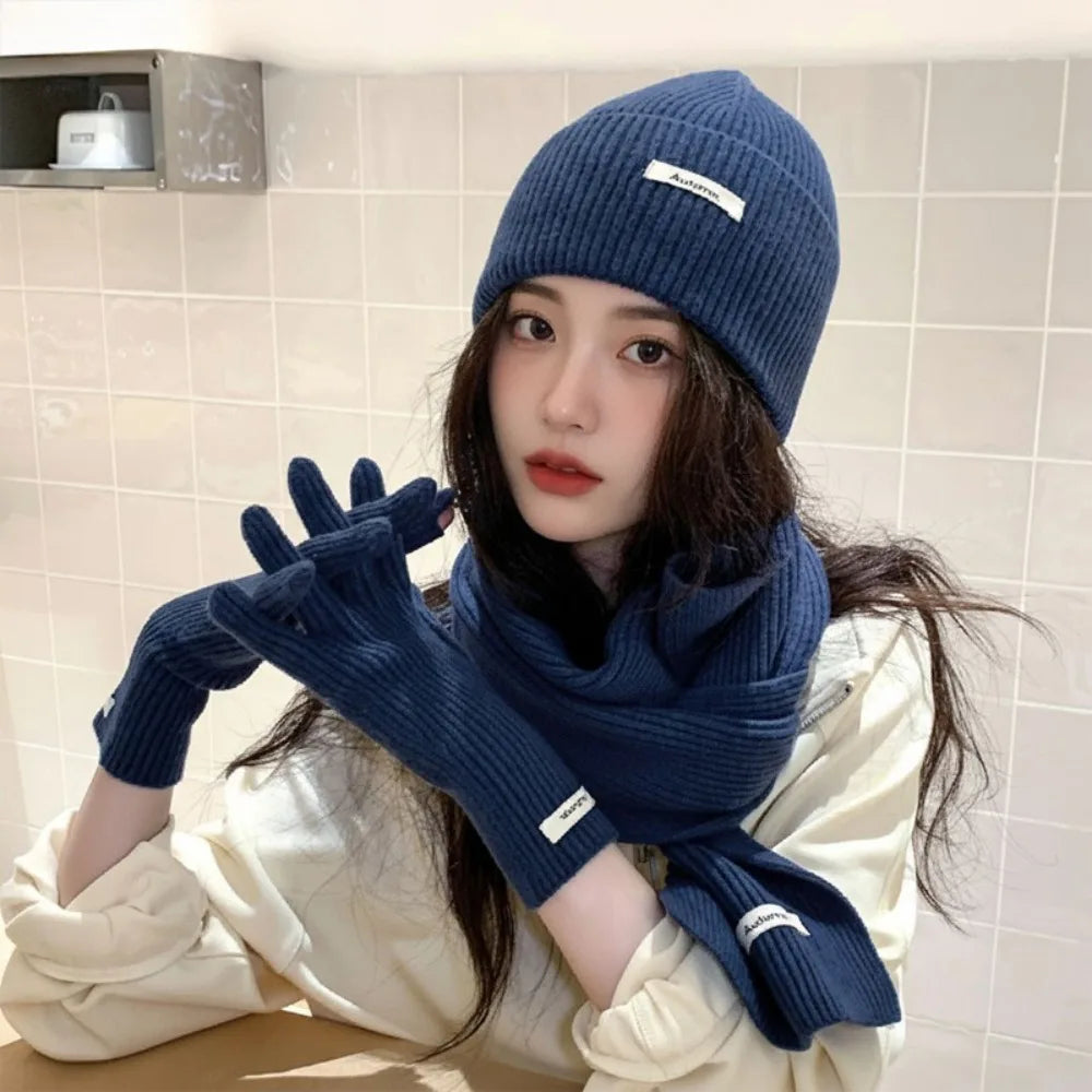 Women's 3-Piece Red Knit Cotton Hat, Scarf & Gloves Set — Thick Winter Beanie with Ear Protection, Warm Holiday Gift