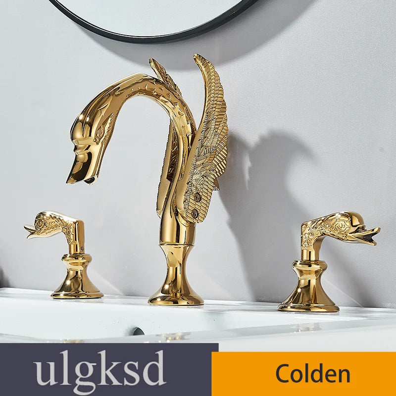 Golden Swan-Shaped Bathroom Faucet 3-Piece Basin & Tub Mixer with Dual Crystal Handles, Hot & Cold
