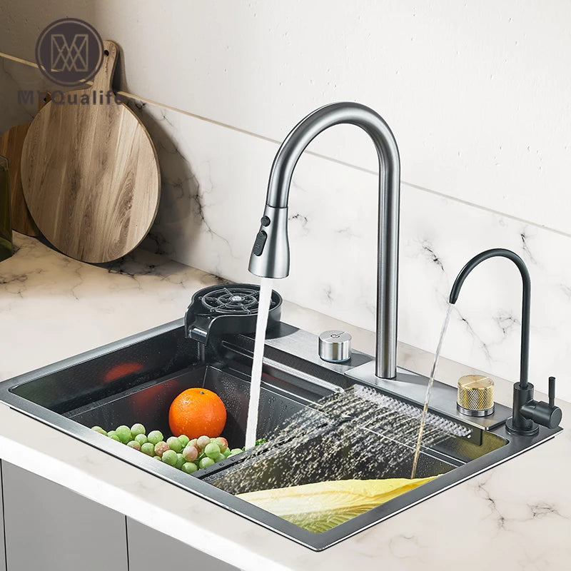 304 Stainless Steel Waterfall Kitchen Sink Large Single Bowl Undermount 60 x 45 cm (23.6 x 17.7 in) Brushed Finish Faucet Set 3-Way Pull-Out Sprayer