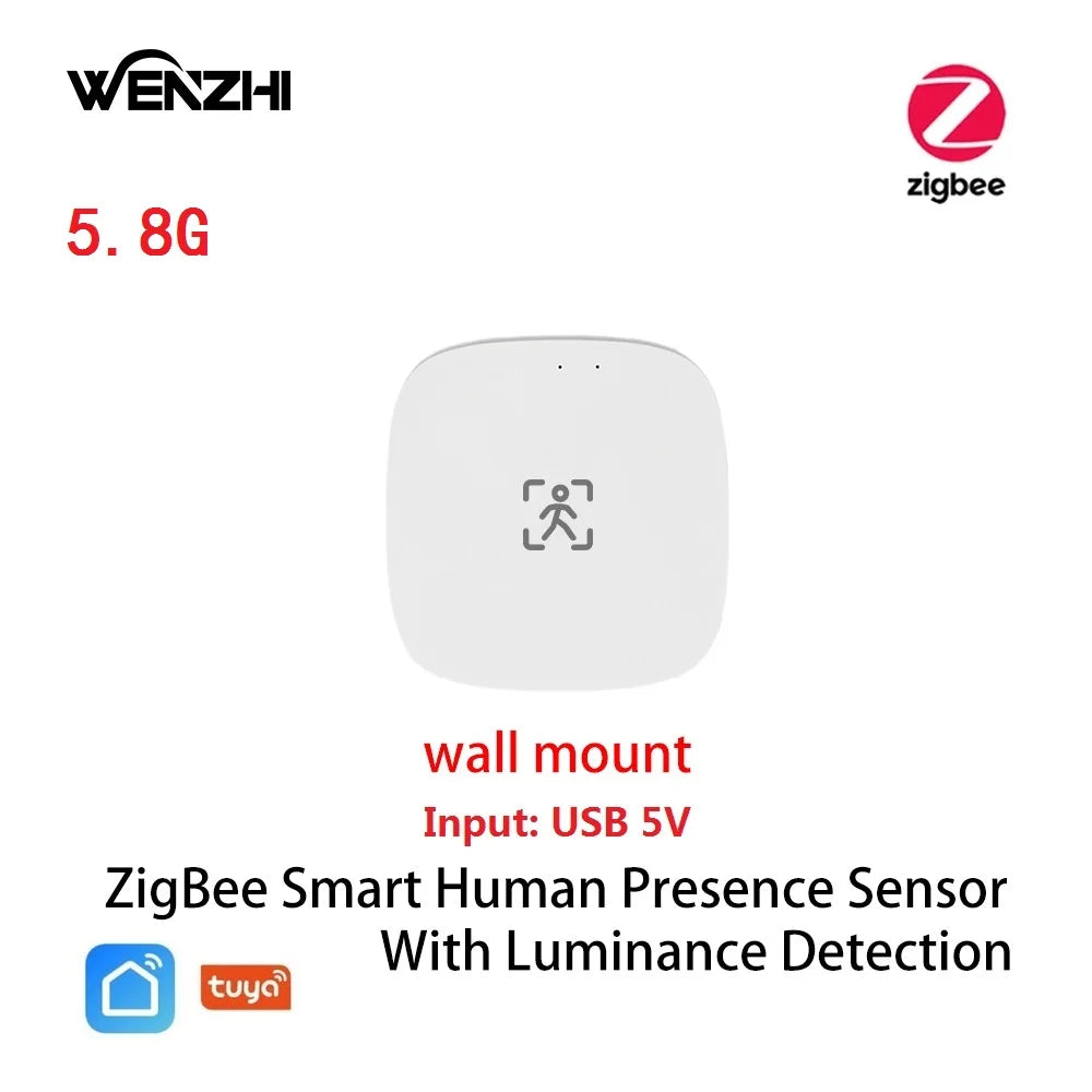 ZigBee WiFi mmWave Human Presence Motion Sensor with Luminance & Distance Detection, AC 80–240V / USB 5V Smart Home