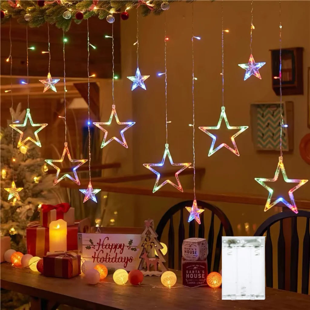 3.5m (11.5 ft) Star & Moon Curtain String Lights Battery-Powered LED Garland for Christmas Ramadan Bedroom New Year Decor