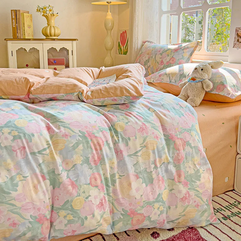 Pastel Floral 100% Cotton Duvet Cover Set - Super Soft 3-Piece (1 Duvet Cover + 2 Pillowcases) - Multiple Sizes 135×200–240×220 cm (53×79–94×87 in)