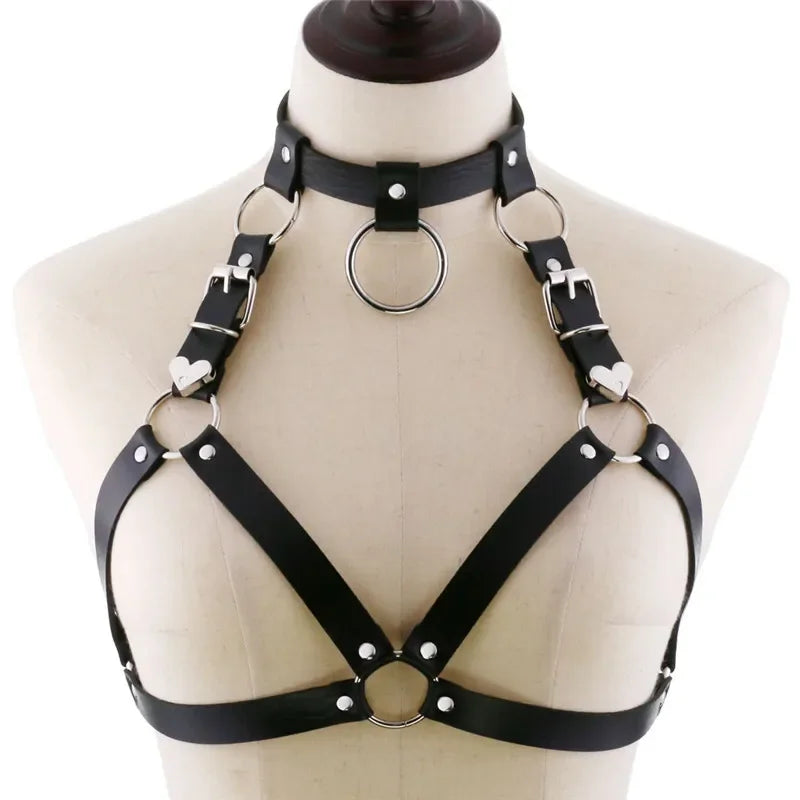 Black Goth Faux Leather Body Harness Chain Chest Belt Top for Punk Rave Festival