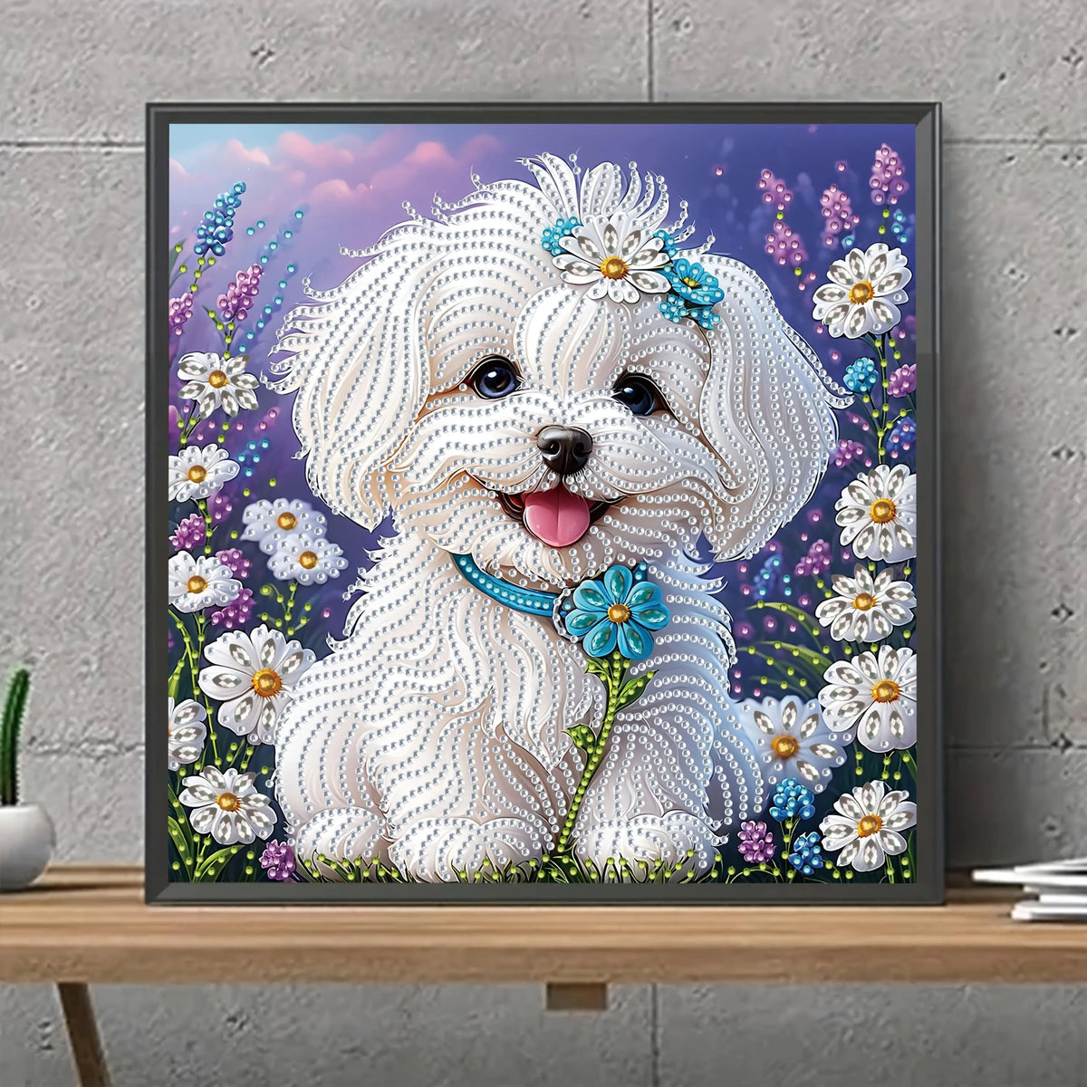 White Puppy with Flowers 5D Diamond Painting Kit view 4