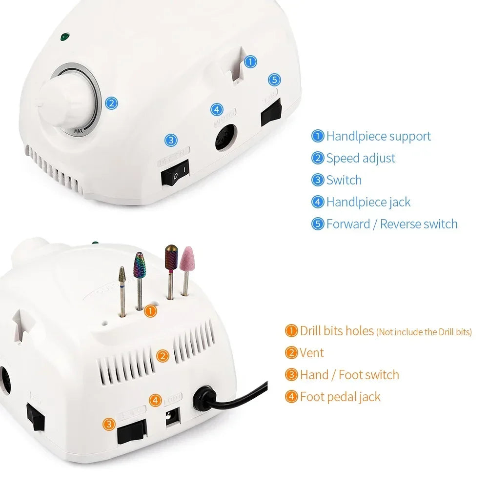 Electric Nail Drill 35000 RPM Professional Manicure & Pedicure Polisher Kit 65W with Handpiece and Foot Pedal