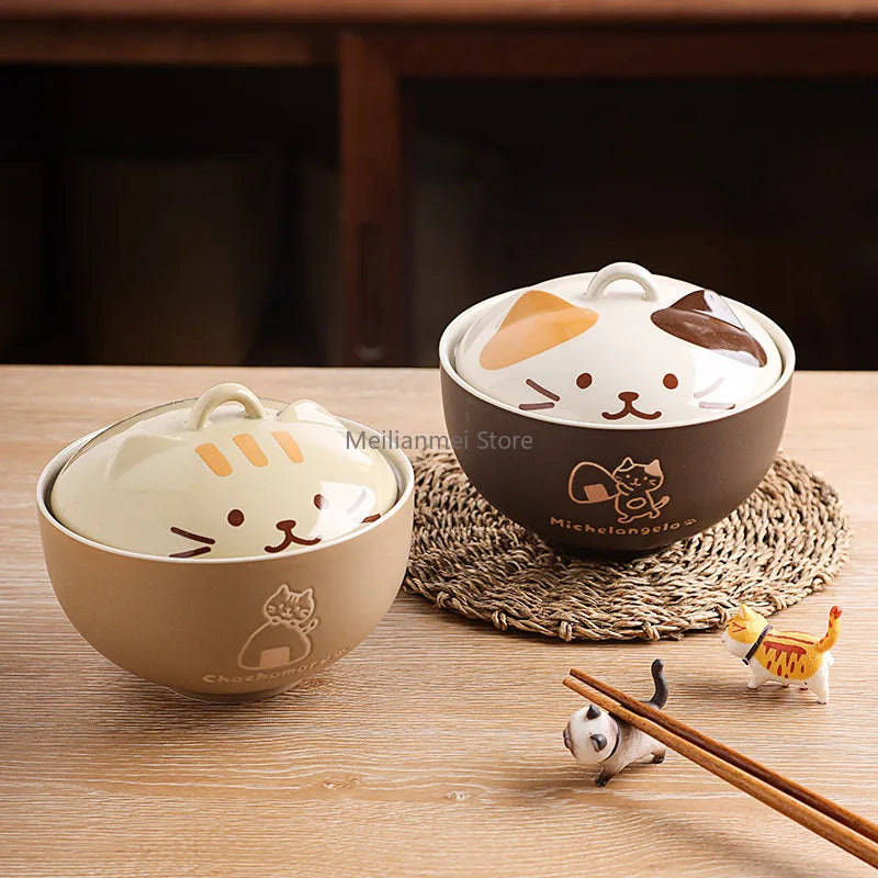 Japanese Style Ceramic Soup Bowl with Lid Cute Cat Cartoon Porcelain Noodle & Rice Bowl