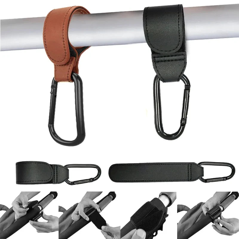 2-Pack PU Leather Stroller Hooks Adjustable Pram Bag Hangers - Diaper Bag Organizer for Stroller, Cart and Wheelchair