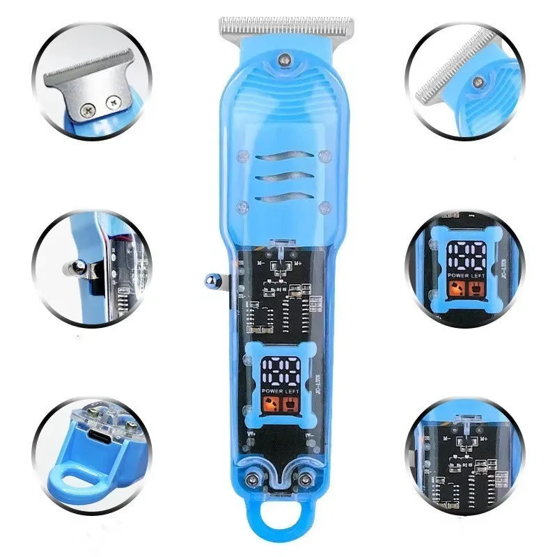 Cordless Electric Hair Trimmer with LCD Display – USB Rechargeable Transparent Precision Clipper