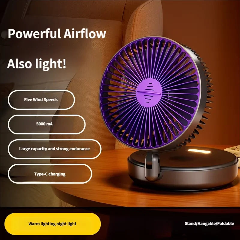 5000mAh Foldable Glow-in-the-Dark Rechargeable Wall-Mount Portable Quiet High-Speed Desk Fan for Office and Students