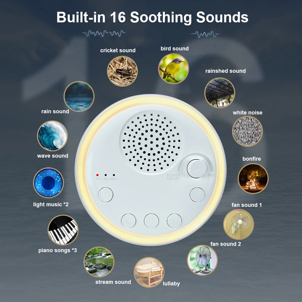 White Noise Machine for Baby — Mini Sleep Sound Machine with Night Light, 16 Soothing Sounds, 15/30/60min Timer, USB-C Rechargeable