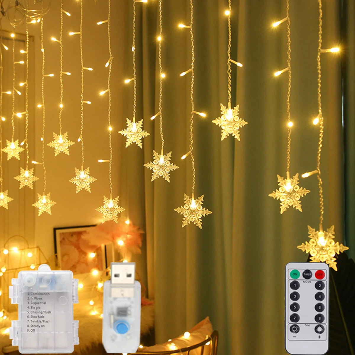 3m (9.8 ft) Snowflake LED Curtain String Lights – USB & Battery Powered Fairy Lights for Christmas, Wedding, Party, Window & Outdoor Decoration