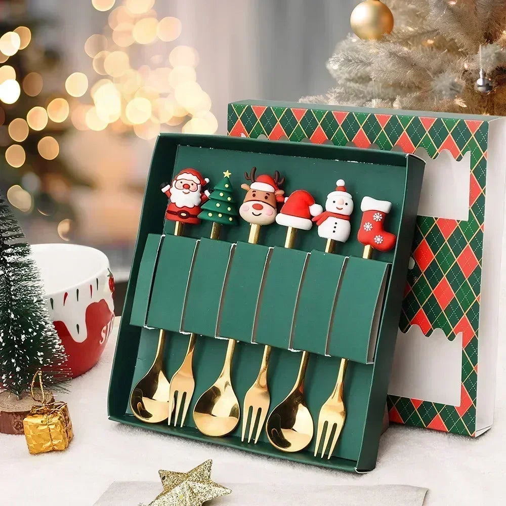 4-Piece Stainless Steel Christmas Cutlery Set – Spoon & Fork Holiday Table Decor with Elk & Tree Ornaments