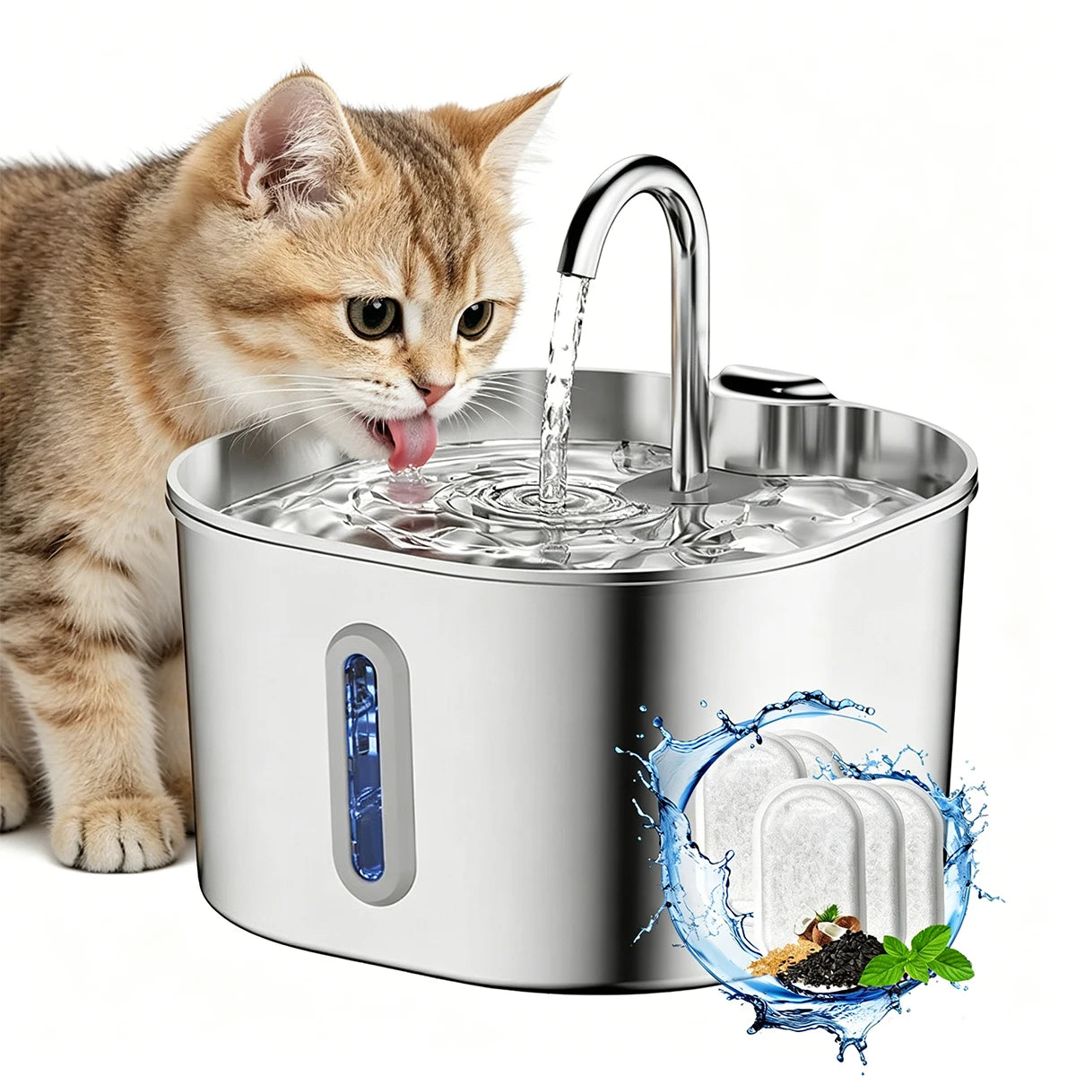 Stainless Steel Pet Water Fountain 2.2L (74.4 fl oz) Ultra-Quiet Pump with Filter, Water-Level Window & LED Light