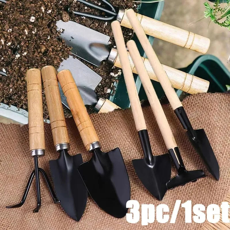 3-Piece Mini Gardening Tools Set - Portable Trowel, Rake and Harrow with Wooden Handles for Indoor Plants and Soil Loosening