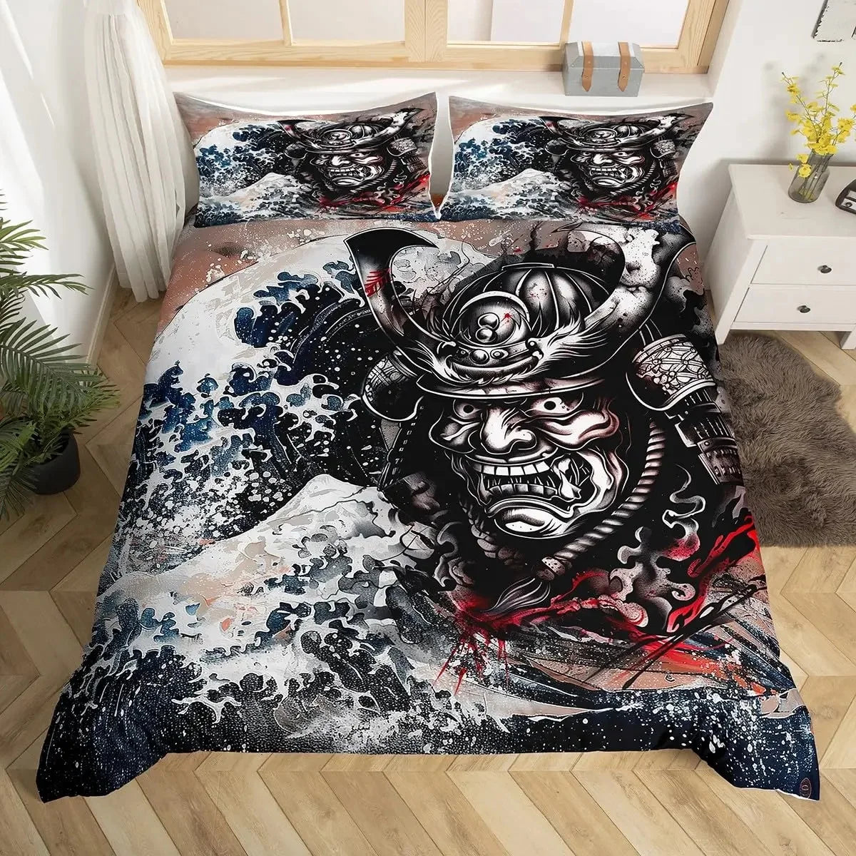 Japanese Samurai Duvet Cover Set 3-Piece - Cherry Blossoms Red Sun & Mount Fuji Print - Multiple Sizes (Twin/Full/Queen/King)