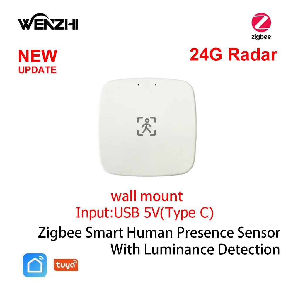 ZigBee WiFi mmWave Human Presence Motion Sensor with Luminance & Distance Detection, AC 80–240V / USB 5V Smart Home