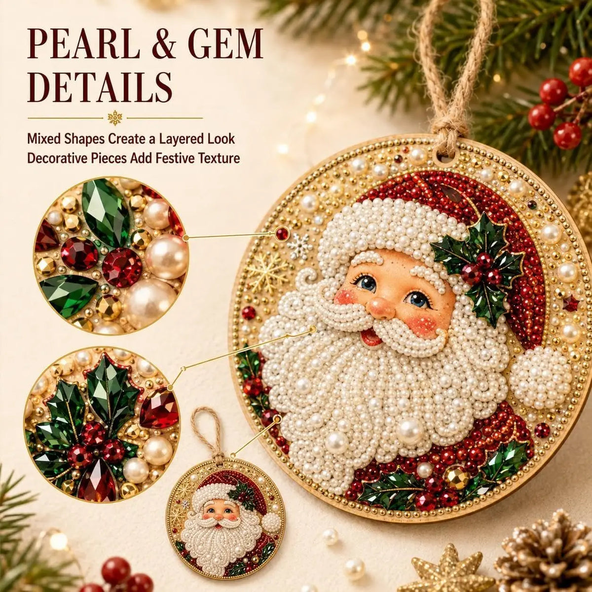 6-Pack DIY Pearl & Diamond Christmas Ornaments with Jute Twine, Hanging Holiday Decorations