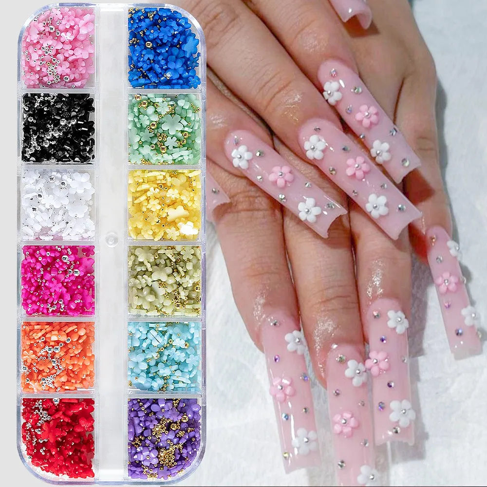 12-Grid Pink & White Nail Art Charms Set – Bows, Pearls, Rhinestones & Butterflies for DIY Manicure