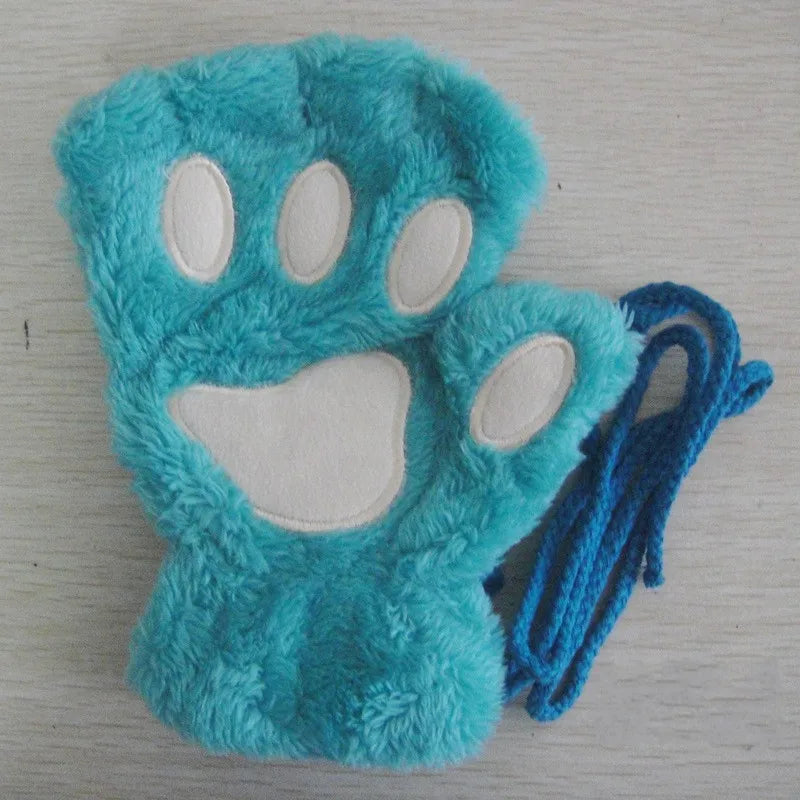 Cute Cat Paw Fingerless Mittens Plush Half-Finger Warm Fluffy Gloves for Women & Unisex