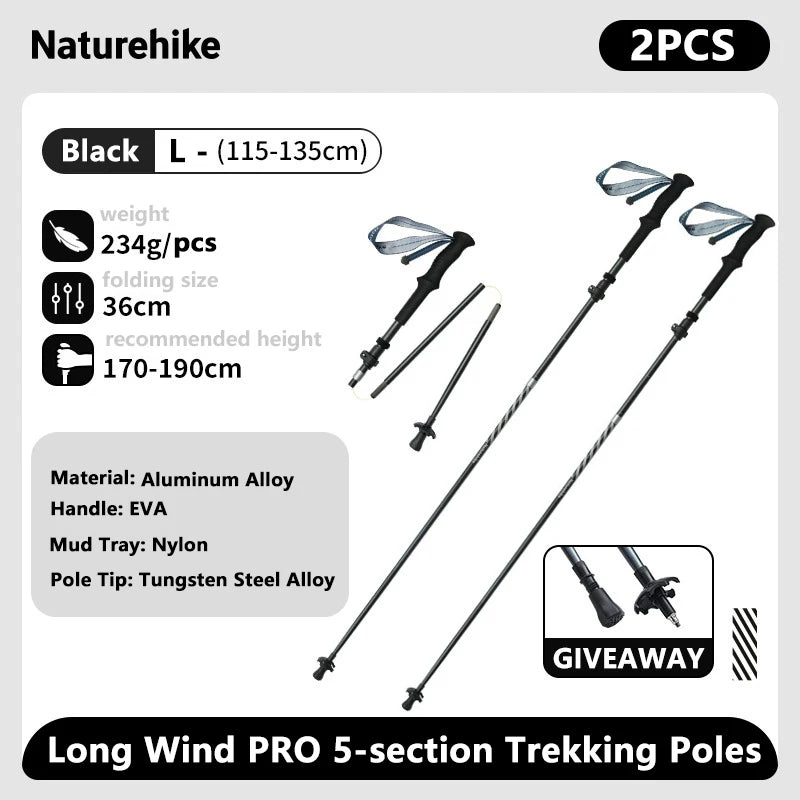 Ultralight Carbon Fiber 5-Section Folding Trekking Poles, Collapsible Quick-Lock Hiking Poles Adjustable 103–120 cm (40.6–47.2 in) or 115–135 cm (45.3–53.2 in)