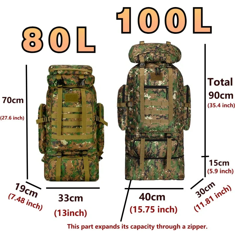 Tactical Mountaineering Backpack 80L / 100L (≈21 / 26 US gal) – Large Hiking, Camping & Travel Rucksack with Molle, Oxford Polyester