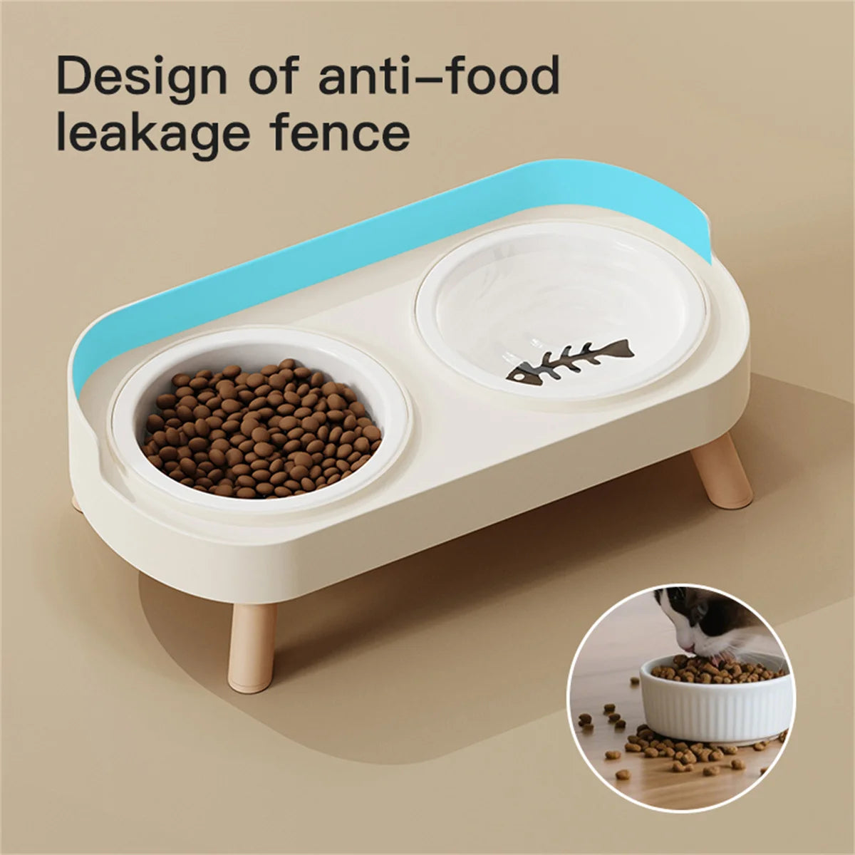 Adjustable Elevated Ceramic Double Pet Bowl for Cats and Small Dogs with Water Dispenser