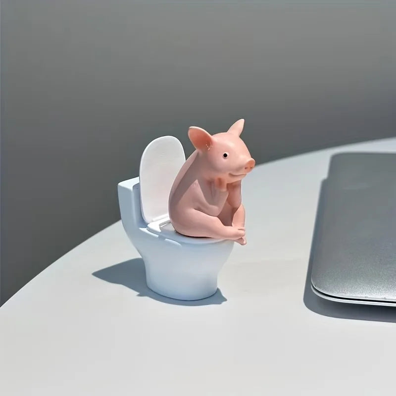 Resin Pig Figurine on Toilet - Quirky Desk, Shelf & Wall Decor for Home Office