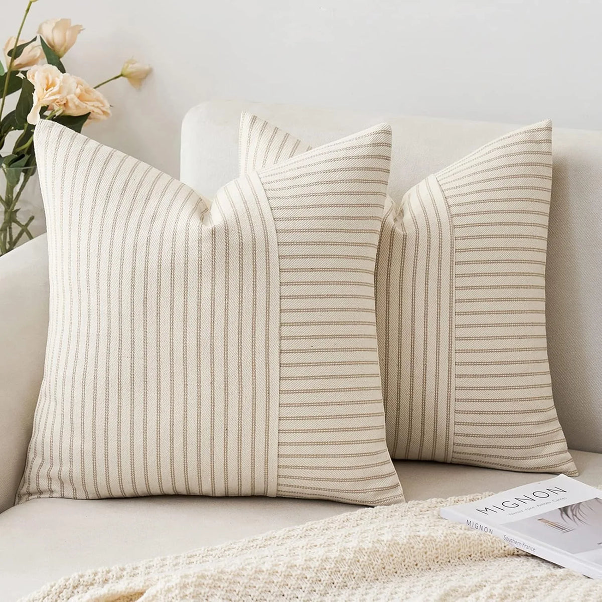 Khaki Patchwork Striped Linen Throw Pillow Cover 18 x 18 in (45 x 45 cm) Decorative Accent Cushion Case for Sofa Couch Bedroom