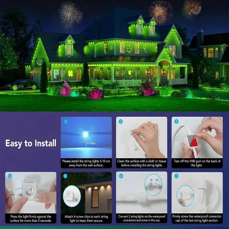 FanzyMarket Smart RGBIC LED strip lights on outdoor eaves, showing colorful lighting control with remote and app for patio decor.