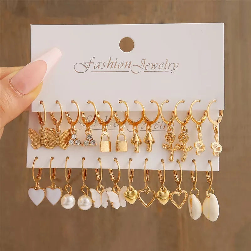 Geometric Hoop Earring Set for Women - Bohemian Pearl & Gold Drop Earrings, Vintage Punk Daily Wear Jewelry Gift