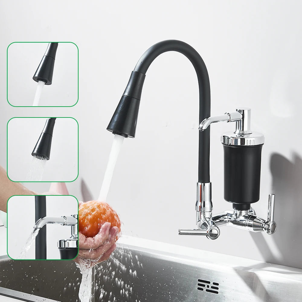 Wall-Mounted Pull-Out Kitchen Faucet with Built-In Filter — Chrome & Matte Black, Single Cold Water, Retractable Spout