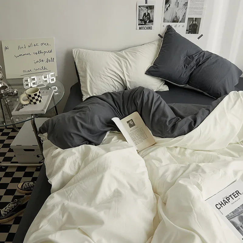 Washed Cotton Solid 4-Piece Bedding Set – 1.5 m (5 ft / 60 in) & 1.8 m (6 ft / 72 in) Duvet Cover, Fitted Sheet & Envelope Pillowcases