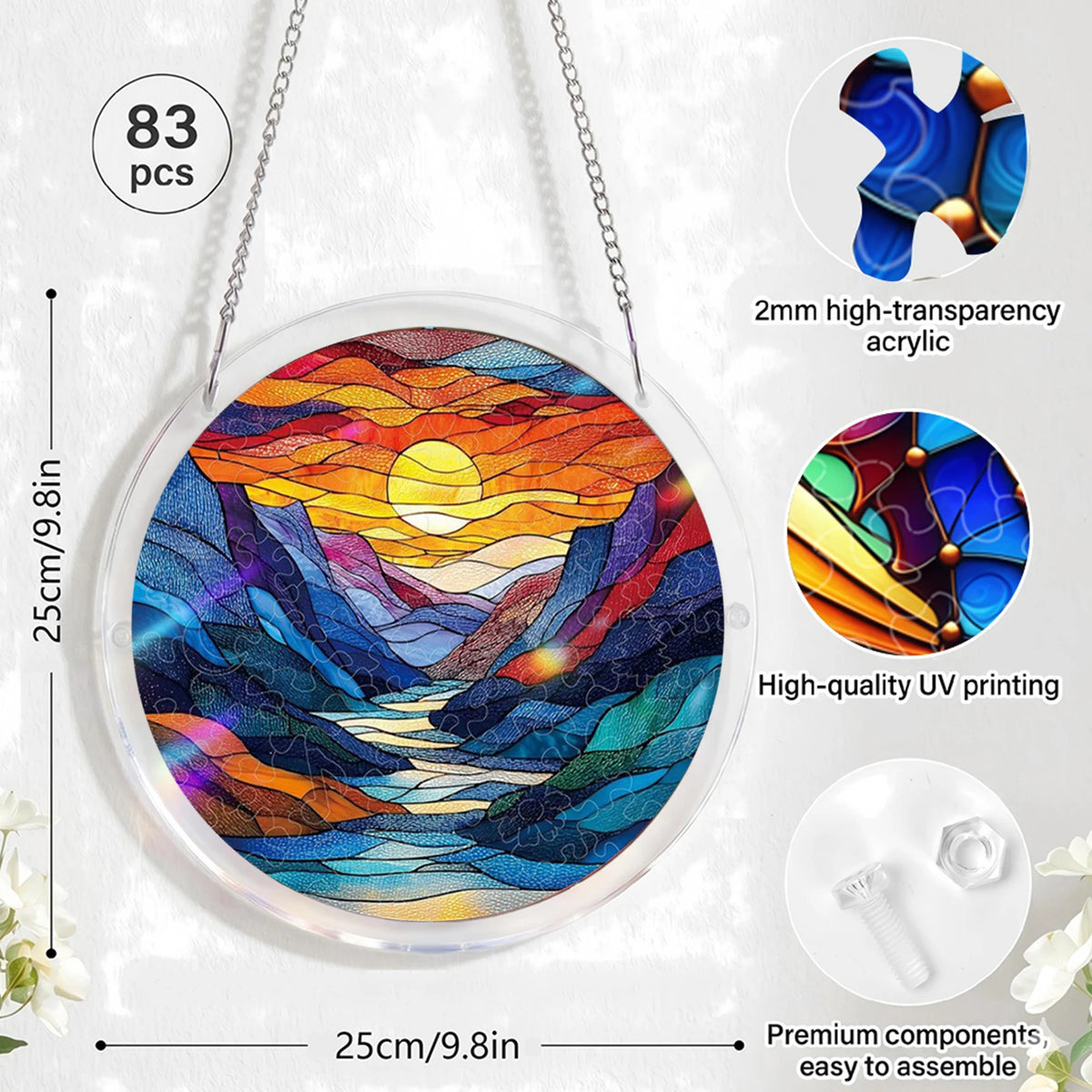 Acrylic Round Jigsaw Puzzle Suncatcher 7.3 in (185 mm) Hanging Sun Catcher Window & Wall Decor Gift