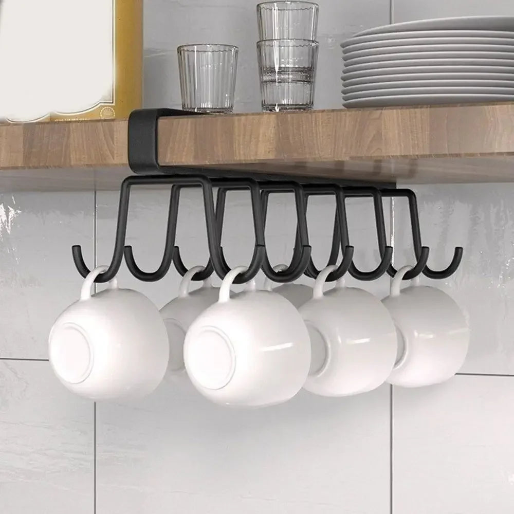 12-Hook Iron Under-Cabinet Mug Rack - Punch-Free Double-Row Cup & Mug Holder, Traceless Storage (Black / White)