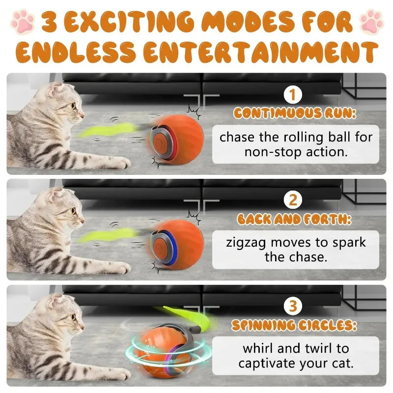 Interactive Cat Ball Toy with Replaceable Tail USB Rechargeable Dual-Speed Automatic Cat Toy for Indoor Cats