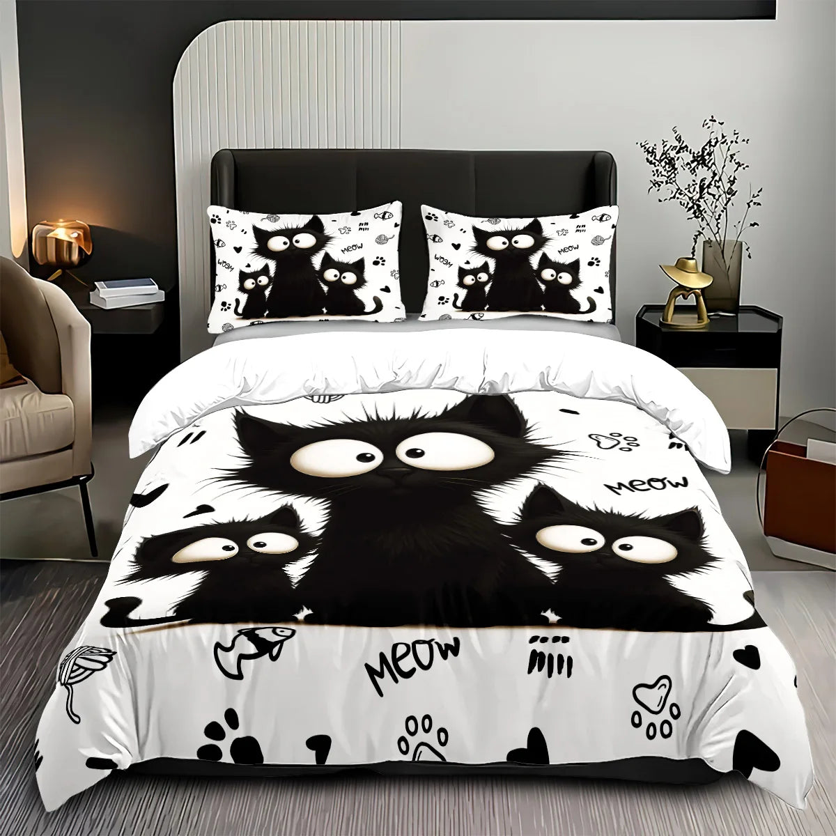 3-Piece Black Cat Printed Duvet Cover Bedding Set – 1 Duvet Cover + 2 Pillowcases, Multi-Size (1.0–2.8 m / 3.3–9 ft), Microfiber Polyester, Machine Washable