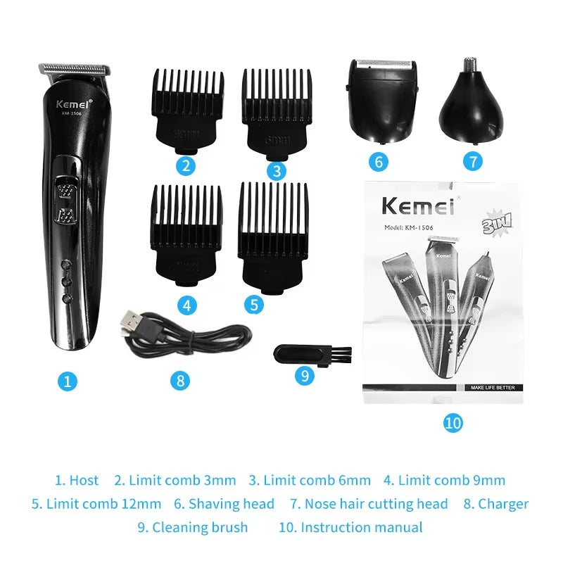 3-in-1 Electric Hair Clipper & USB Rechargeable Shaver — Nose Hair Trimmer Grooming Kit