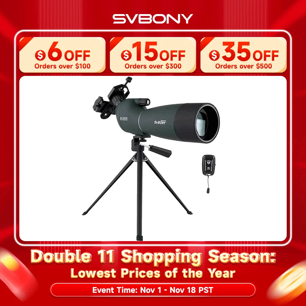 25-75x Spotting Scope — 50/60/70mm Objective Porro Prism Monocular with Phone Adapter & Mini Tripod for Bird Watching, Hunting, Archery, Camping