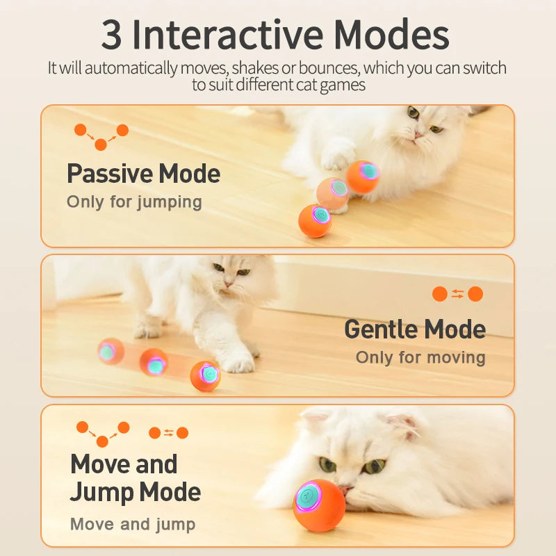 Interactive Cat Bouncing Ball Automatic Rolling Toy with LED Lights, 3 Modes, Rechargeable and Washable