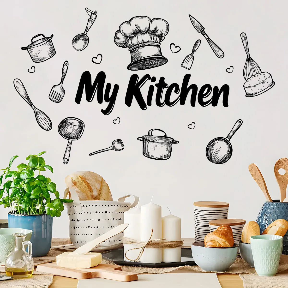 1-Piece Kitchen Utensils Self-Adhesive PVC Wall Sticker Waterproof Kitchen & Dining Room Decor