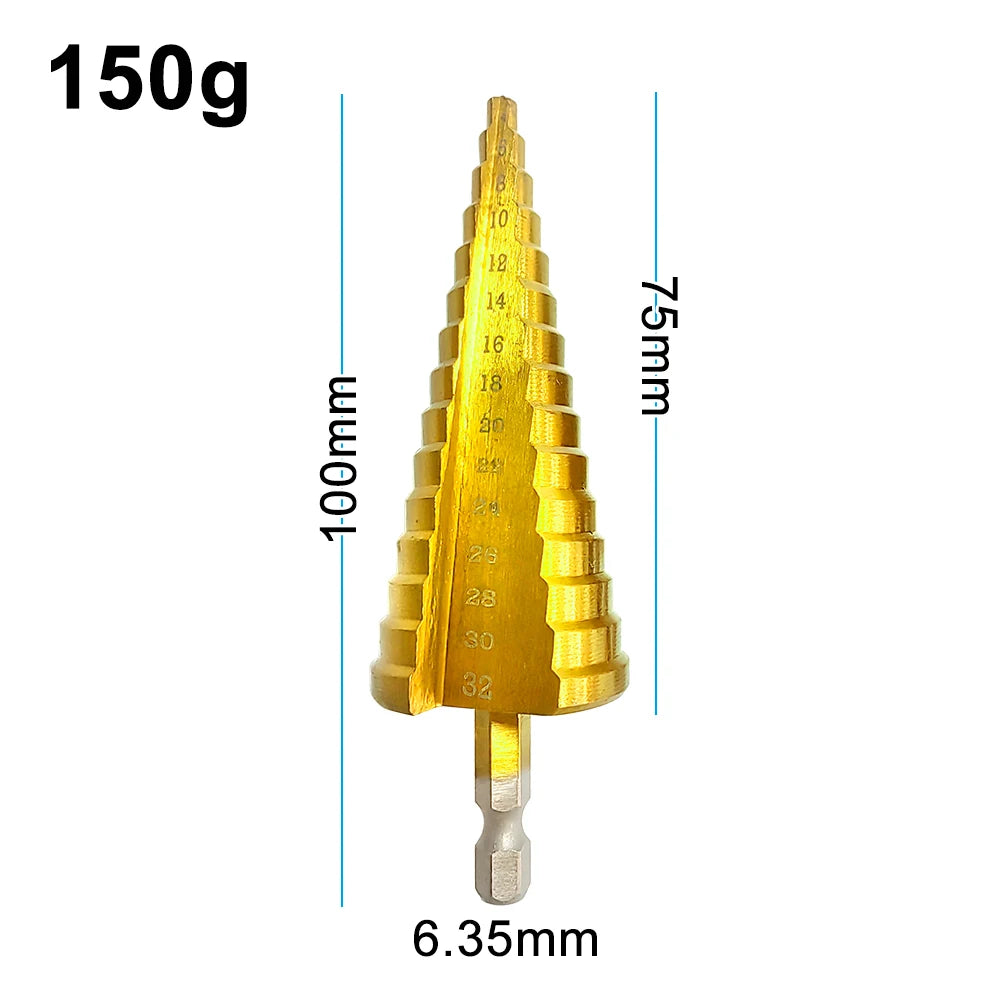 Titanium Plated Step Drill Bit Set Hex Shank Straight Groove — 3–32mm (0.12–1.26 in)