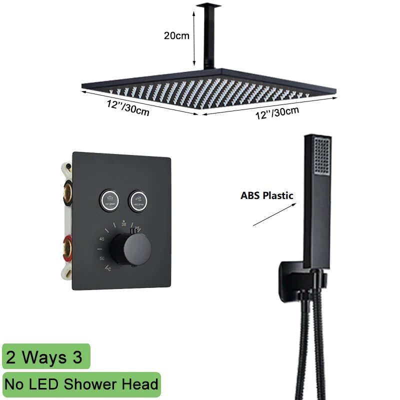 Big Black Thermostatic Ceiling-Mounted Rainfall Shower System with Hand Shower – Thermostatic Mixer Tap, 150 cm (59 in) Hose, 400+ mm (15.7+ in) Rain Head