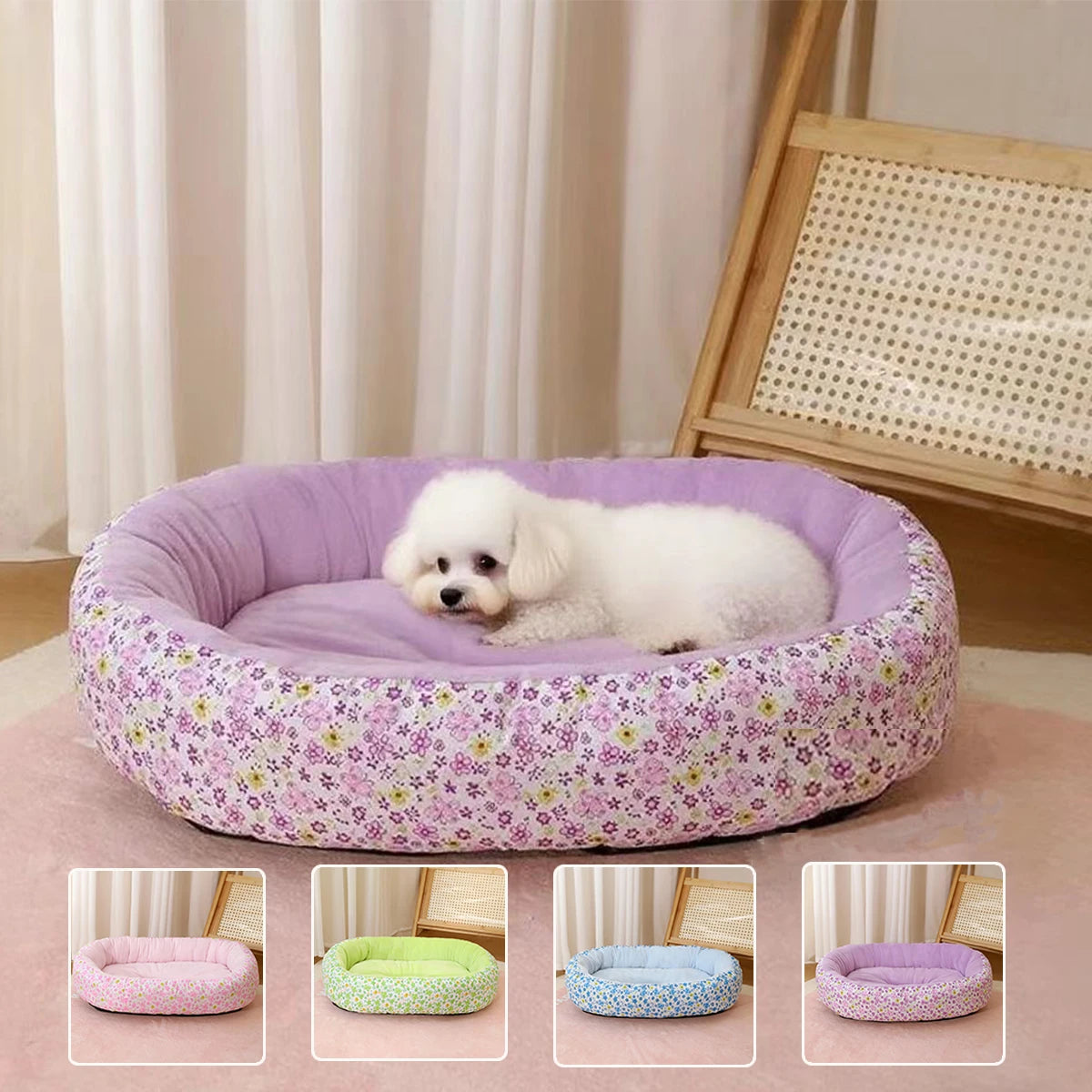 Floral All-Season Dog & Cat Bed — Soft Puppy Pad Sofa for French Bulldog Chihuahua, Sizes S/M/L, 4 Colors